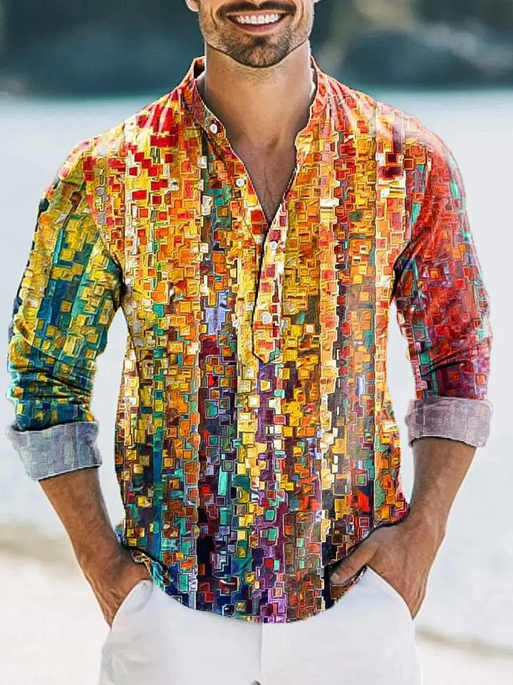 Men's Vintage Abstract Color Art Print Long Sleeve Henley Shirt