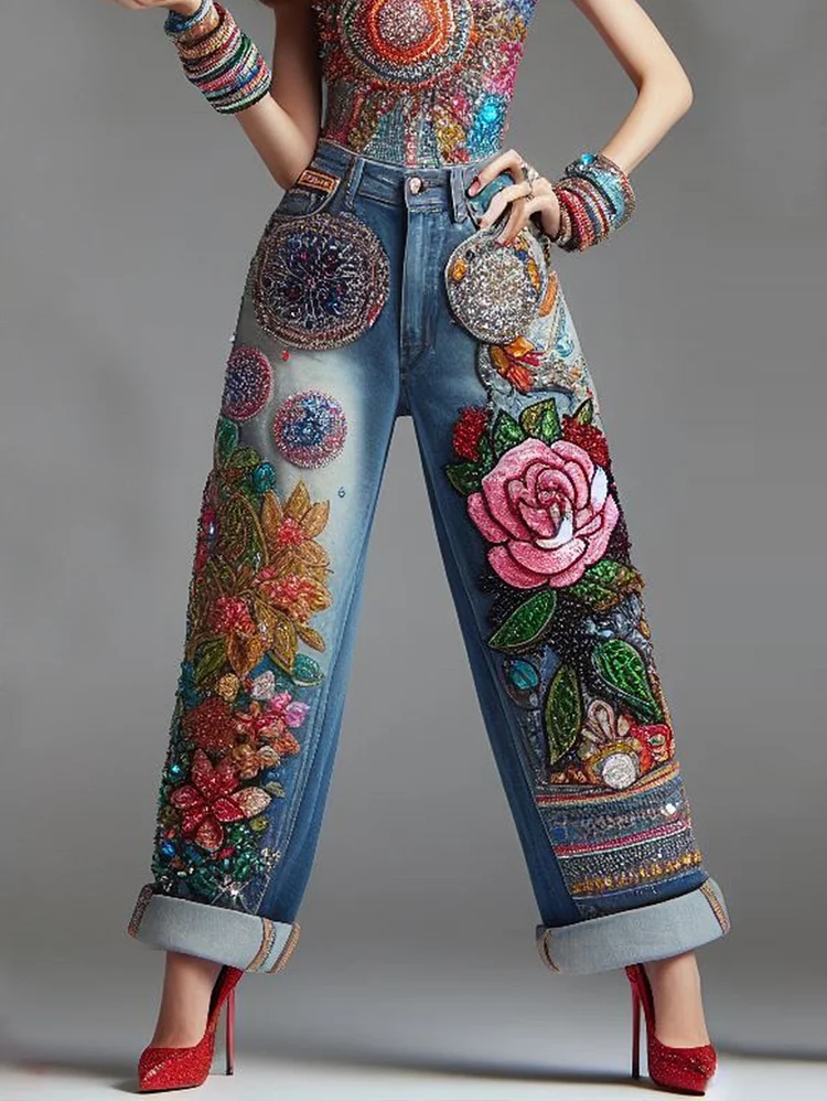 Floral Rhinestone High Rise Straight Leg Denim Print Jeans