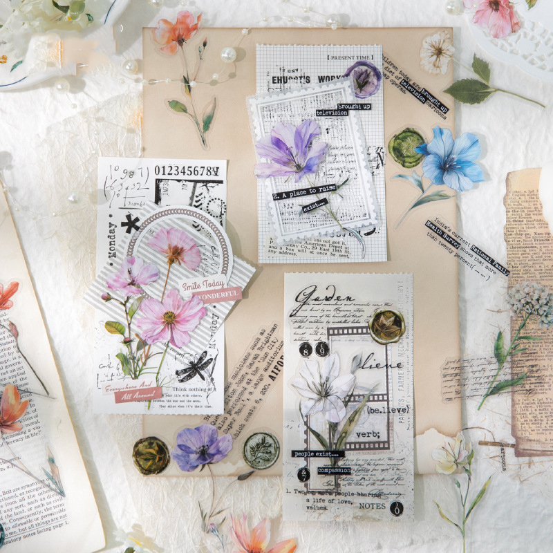 PET 스티커 - 로맨틱 오퍼레이션 시리즈 빈티지 꽃 스탬프