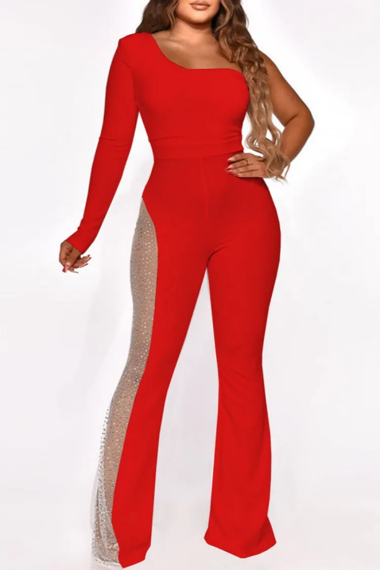 Casual Solid See-through Backless Oblique Collar Skinny Jumpsuits