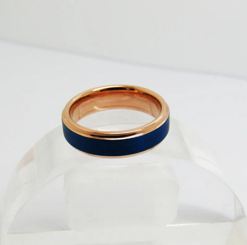 6MM 8MM Tungsten Open Steps Sand Surface Electric Blue Electroplated Rose Gold Men's Wedding Bands