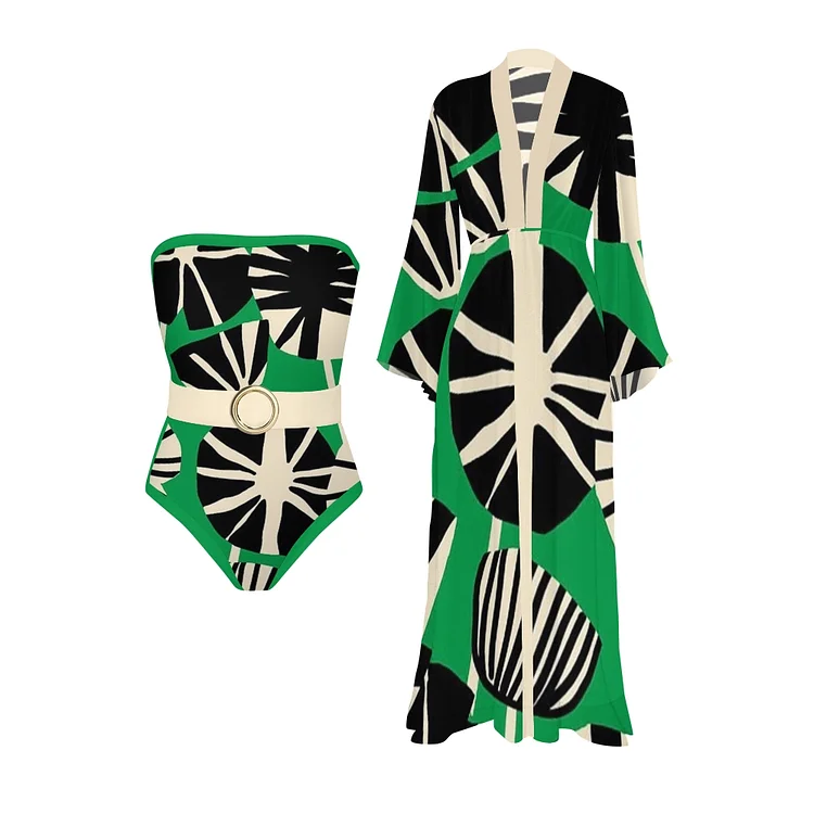 Bandeau Printed One Piece With Kimono