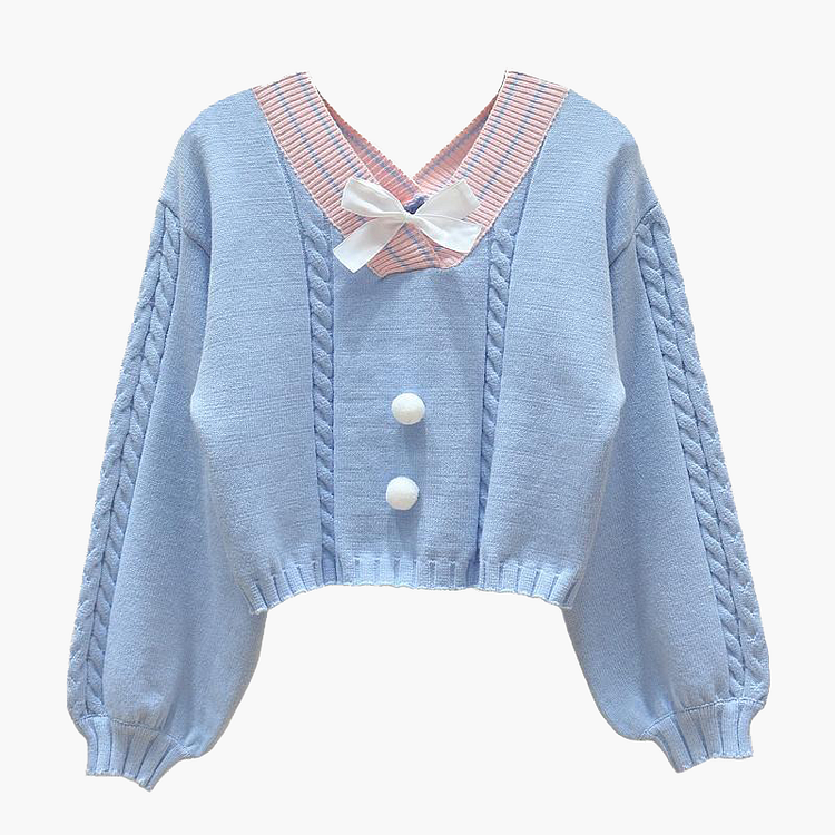 Cotton Candy Color Ribbon V Neck Sweater - Gotamochi Kawaii Shop, Kawaii Clothes