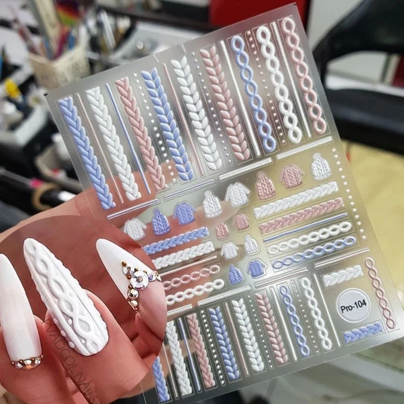 Nail Stickers Sweater 3D Nails Decals Engraved Winter Cloth Desgin Back Gule Slider Decoration Acrylic Tips Wraps Accessories-Nail Inspo