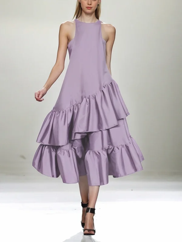 A-Line Loose Double Layered Pleated Solid Color Split-Joint Zipper Cold ...