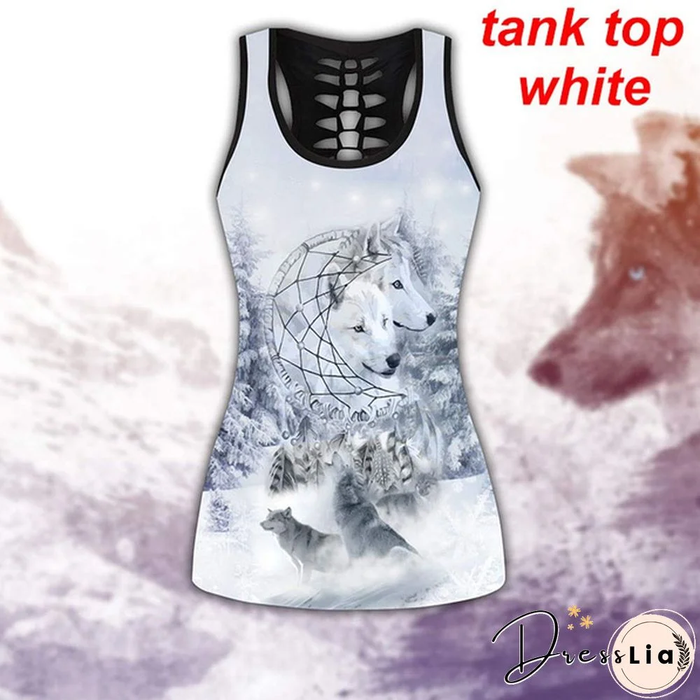 Women Wolf Native American 3D All Over Printed Legging + Hollow Tank Sleeveless Shirt Summer Vest for Women Plus Size Yoga Tank Tops Leggings Suit