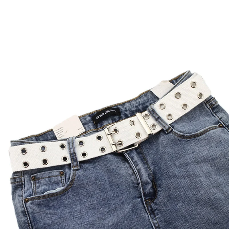 Harajuku Wide Belt Canvas Web Double Grommet Hole Buckle Belt Female Male Hot Waist Strap Belts for Women Men Jeans
