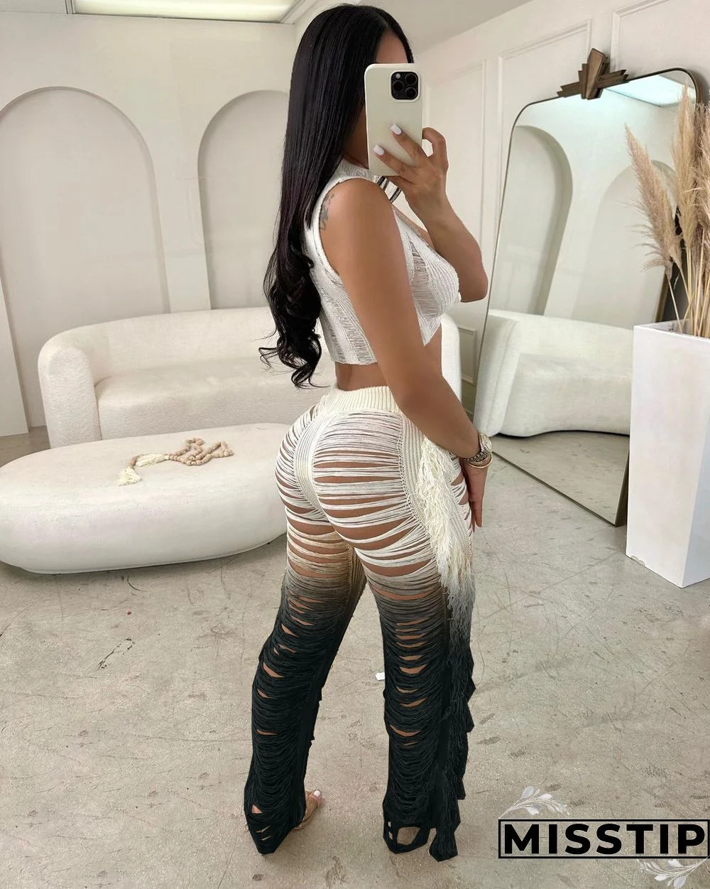 Gradient Knitted Tassel Two Piece Pants Set