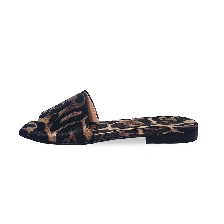 Black & Brown Animal Print Open Square Toe Flat Sandals for Women |FSJ Shoes