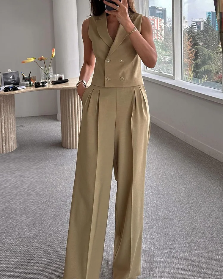 Sleeveless lapel solid color two piece set