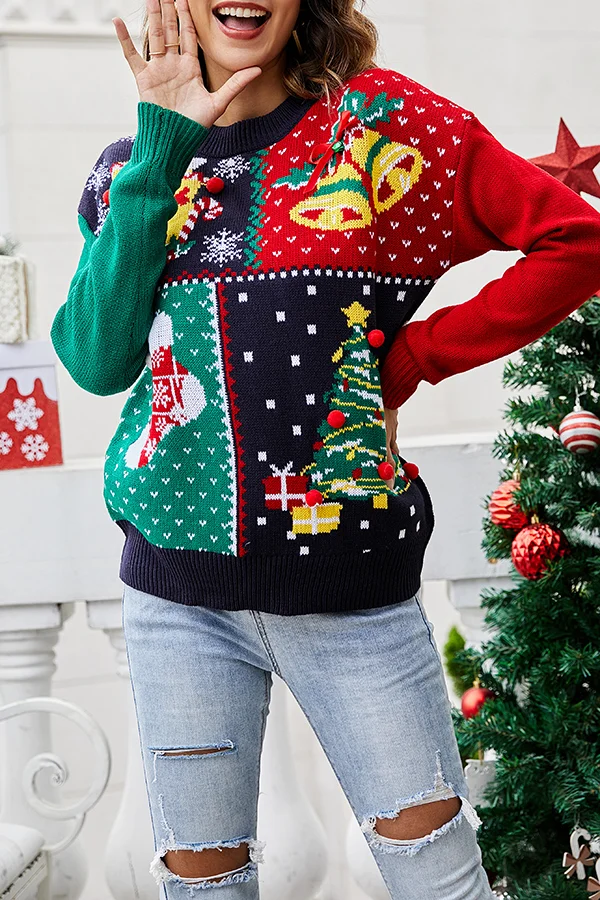 Christmas Print Crew Neck Long Sleeve Sweater