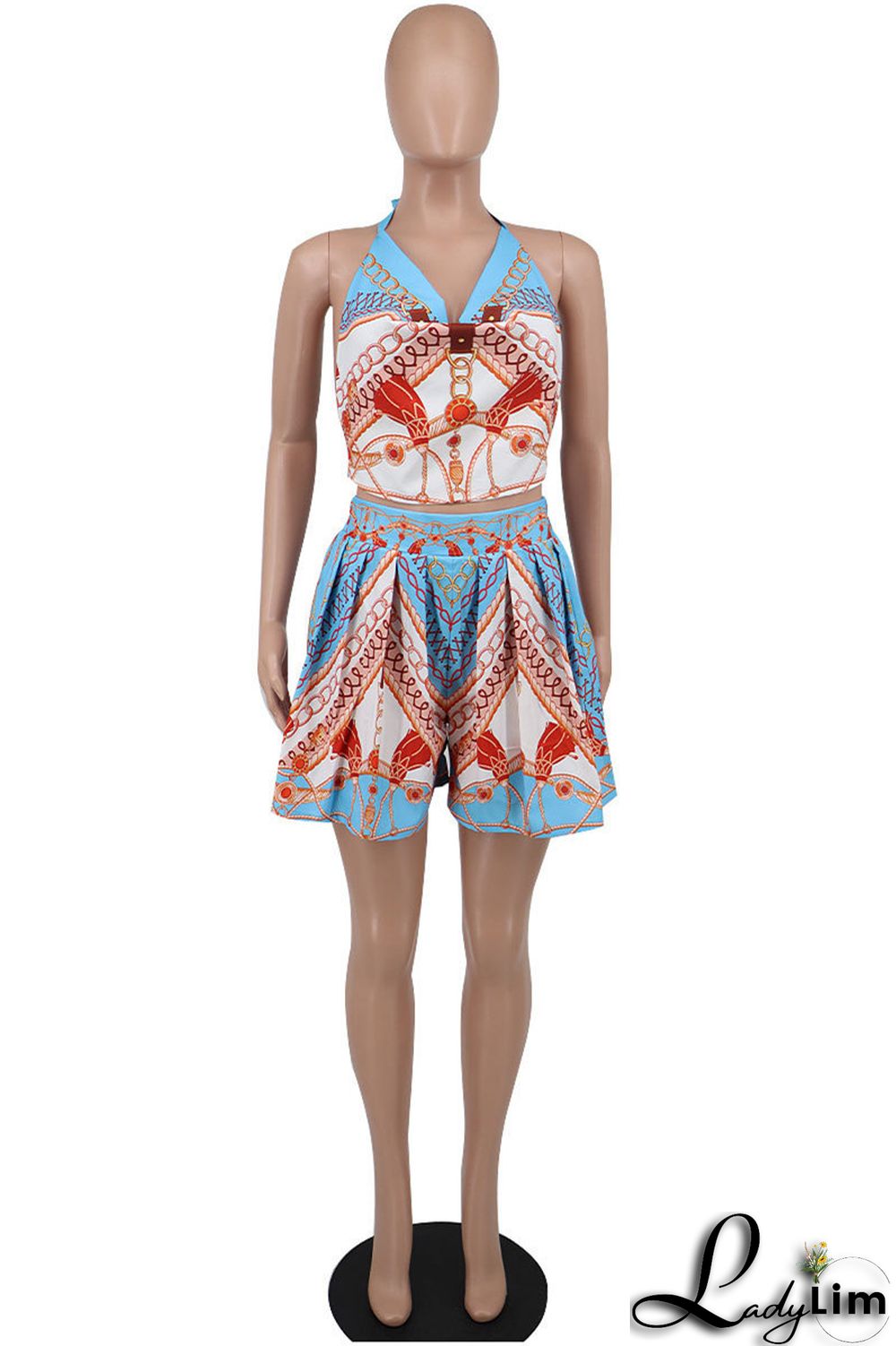 Blue Fashion Sexy Print Bandage Backless Halter Sleeveless Two Pieces