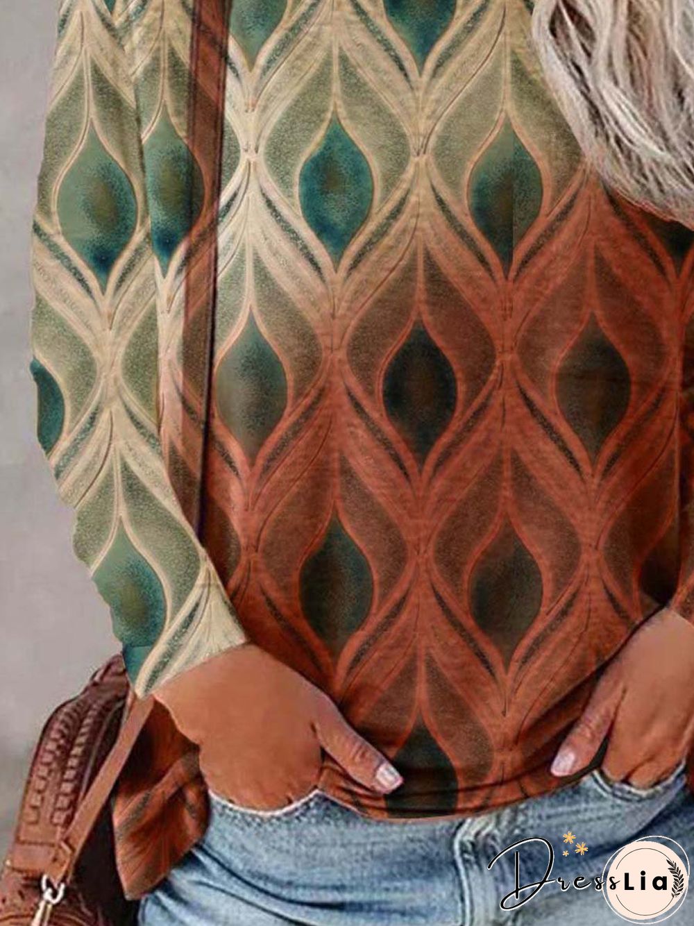 Crew Neck Geometric Cotton Blends T-shirt