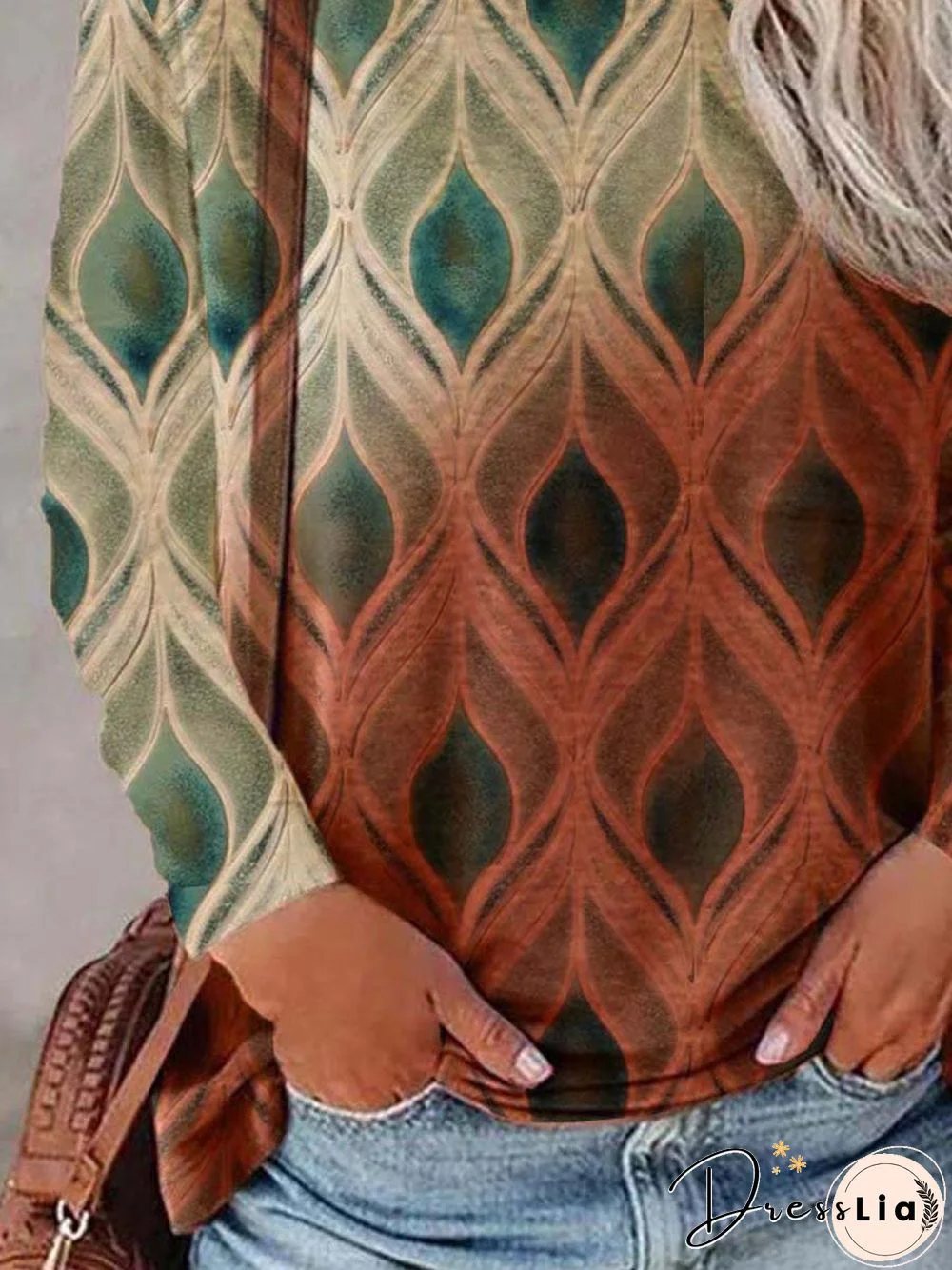 Crew Neck Geometric Cotton Blends T-shirt