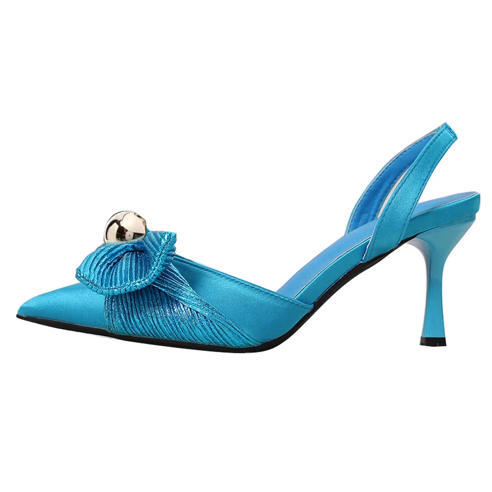 Elegant Blue Satin Pointy Toe Bow Slingback Pumps with Kitten Heel Nicepairs