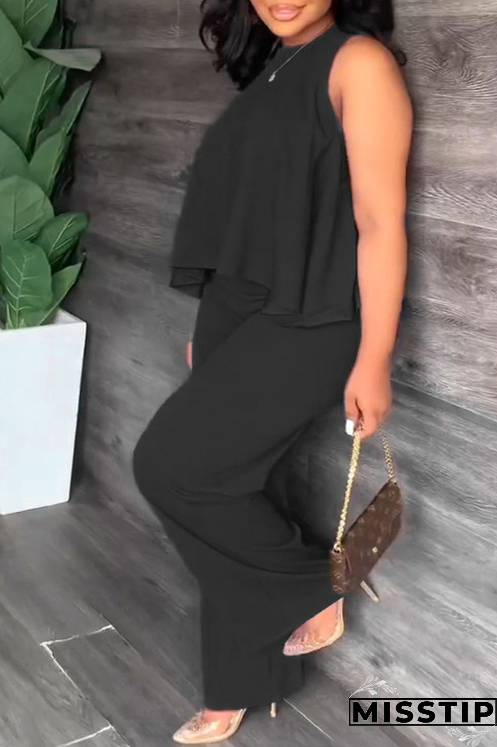 Orange Casual Solid Patchwork O Neck Plus Size Two Pieces