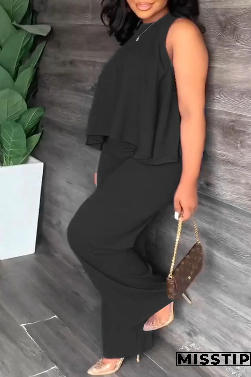 Orange Casual Solid Patchwork O Neck Plus Size Two Pieces