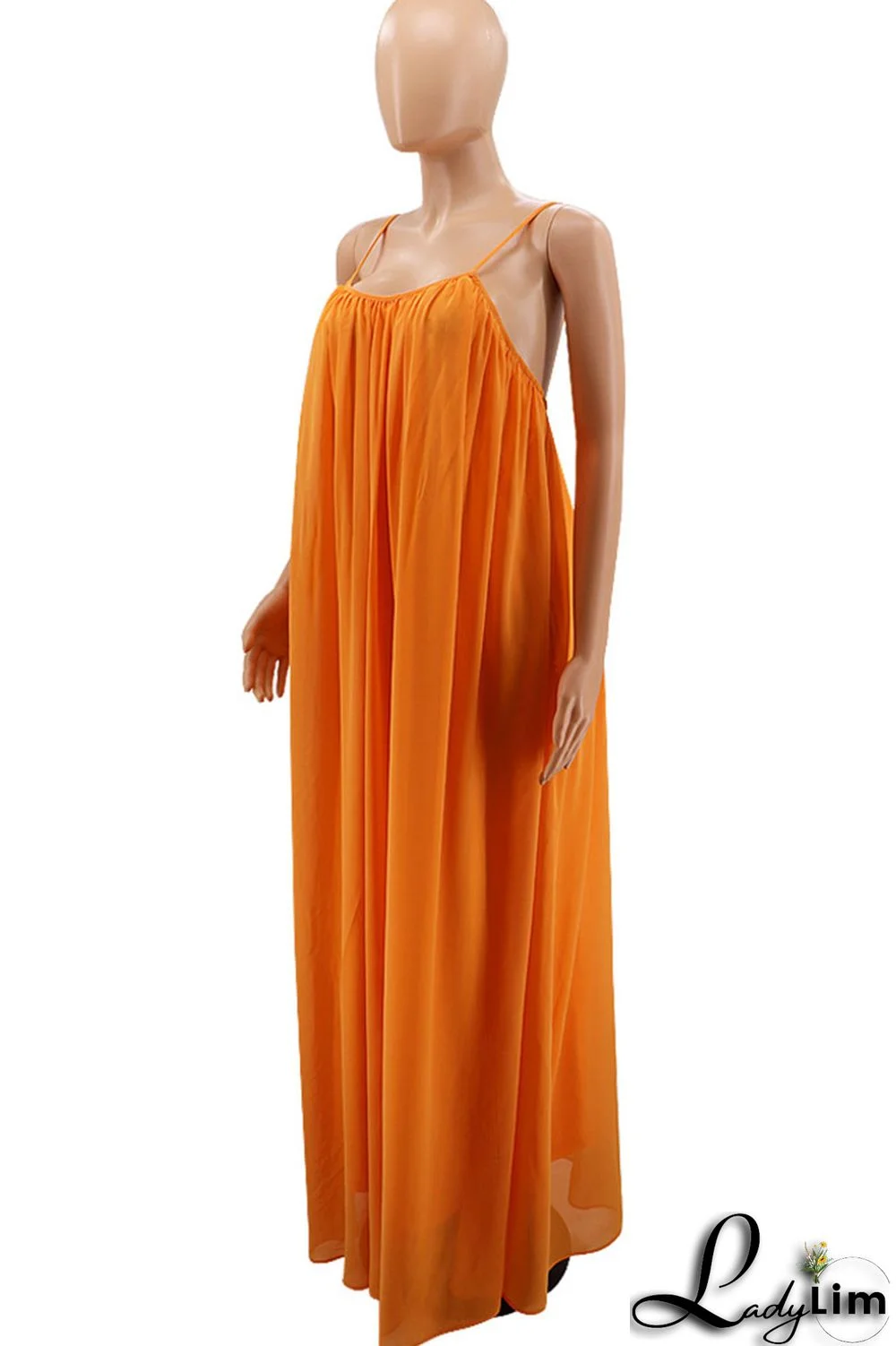 Orange Red Casual Solid Split Joint Backless Spaghetti Strap Sling Dress Dresses