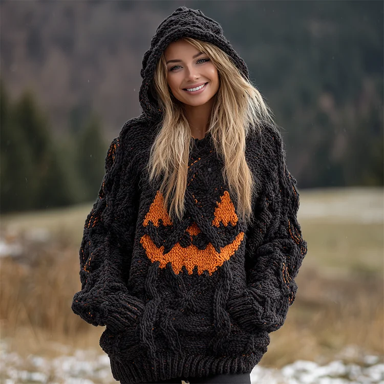 Halloween Pumpkin Face Women's Chunky Knit Hooded Sweater