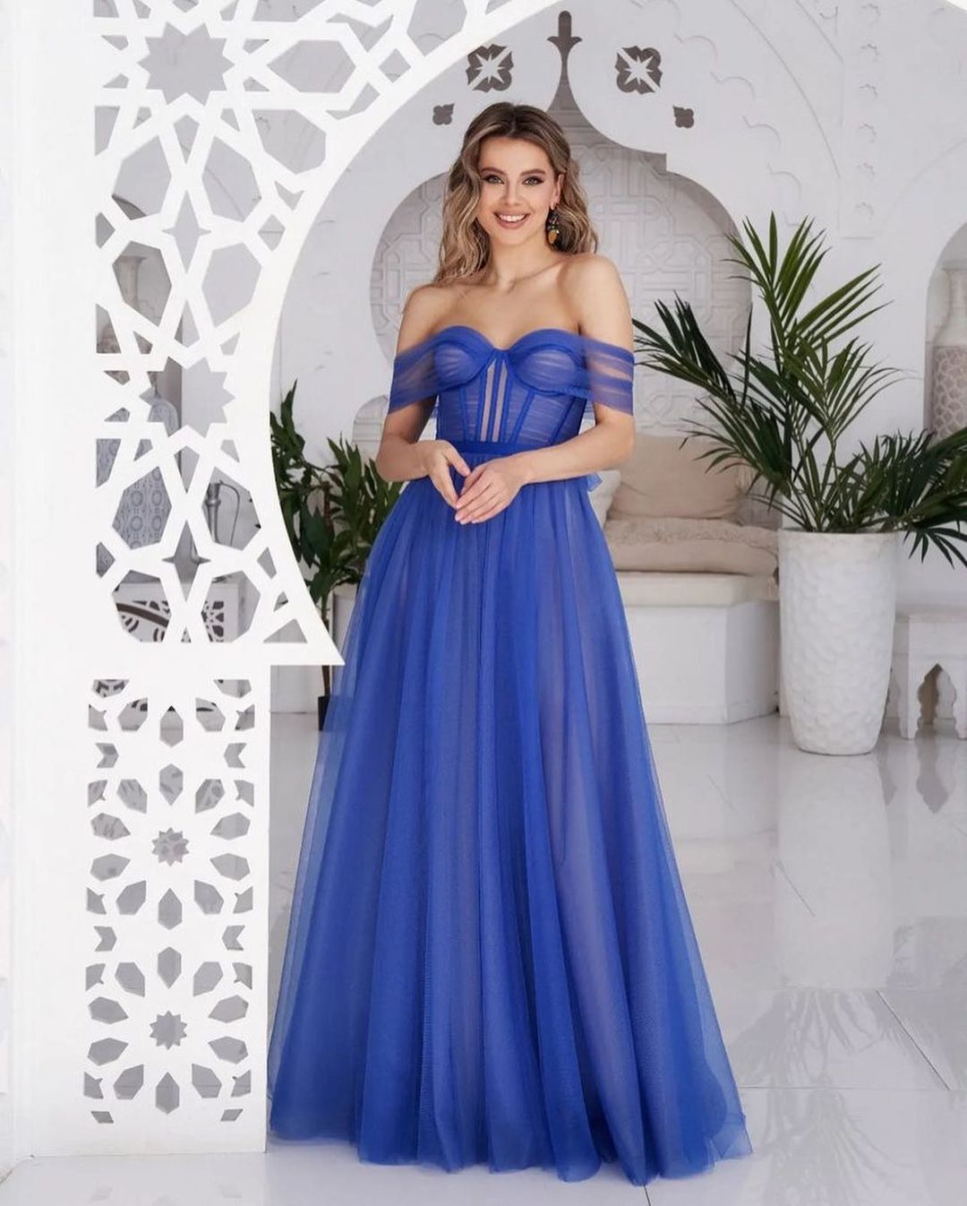 Oknass Tulle Off-the-shoulder Sweetheart Royal Blue Prom Dress