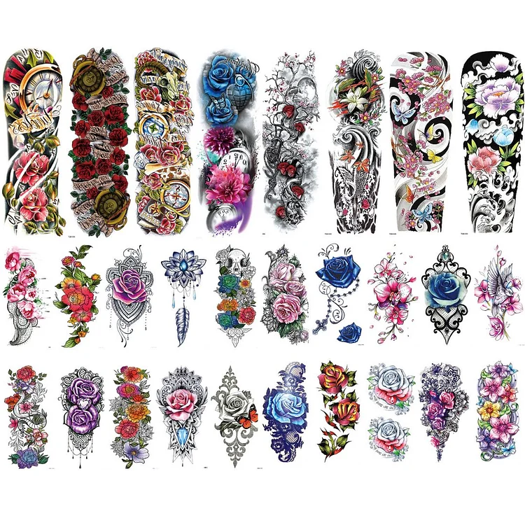 29 Sheets Colorful Flower Full Arm & Half Arm Temporary Tattoo Combo