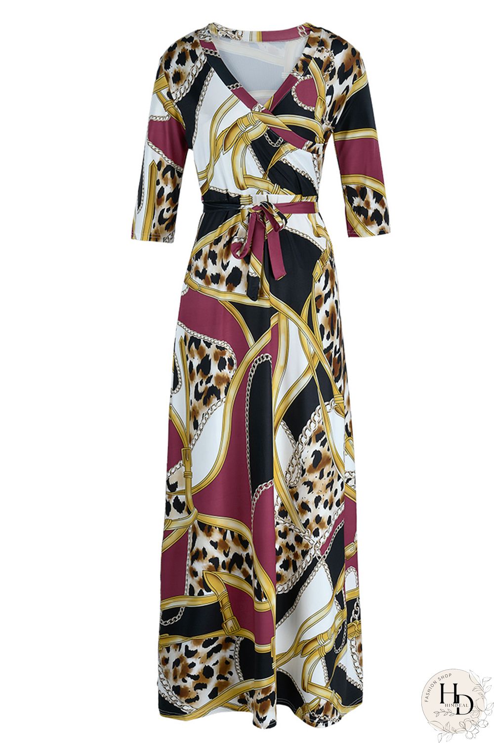 Multicolor Fashion Casual Print Bandage Patchwork V Neck Long Dress