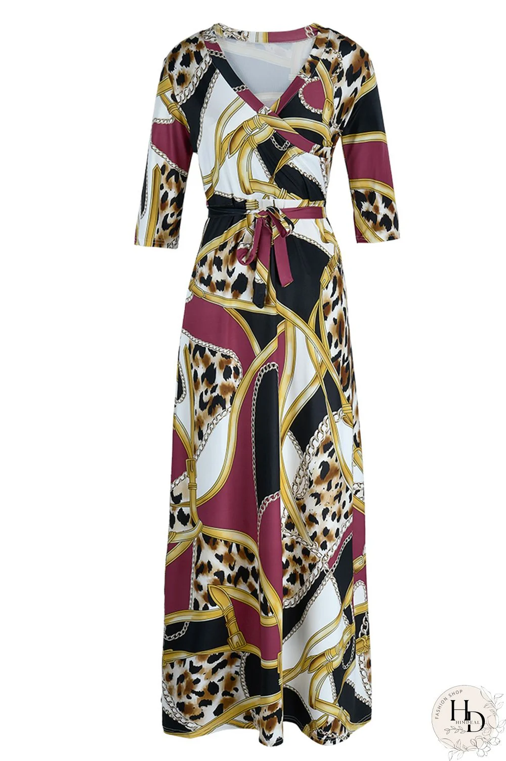 Multicolor Fashion Casual Print Bandage Patchwork V Neck Long Dress