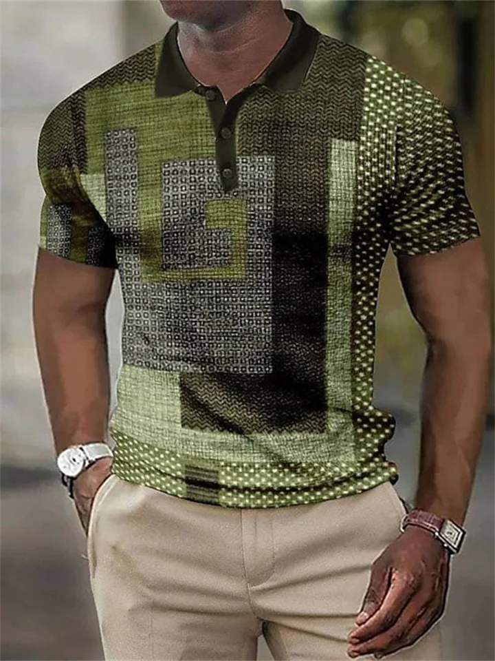 Men's Polo Shirt Golf Shirt Waffle Polo Shirt Graphic Prints Geometry Turndown Wine Blue Brown Green Gray Outdoor Street Short Sleeves Button-Down Print Clothing Apparel Fashion Designer Casual Soft-Cosfine
