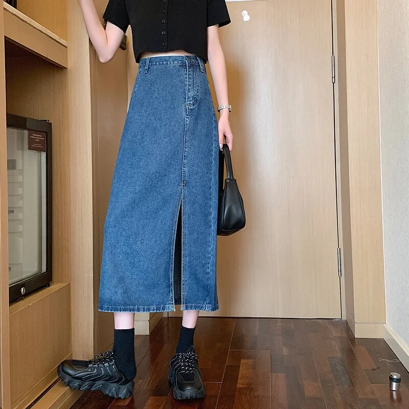 FTLZZ 2021 Summer Women Irregular Cowboy Skirt Spring Solid Color Casual High Waist A-line Skirt Simplicity Slim Split Hem Skirt