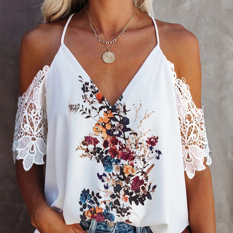 Spaghetti Strap Print Lace Patchwork Women's Blouse V-neck Backless Female Blouses 2021 Spring Summer Fashion Ladies Top