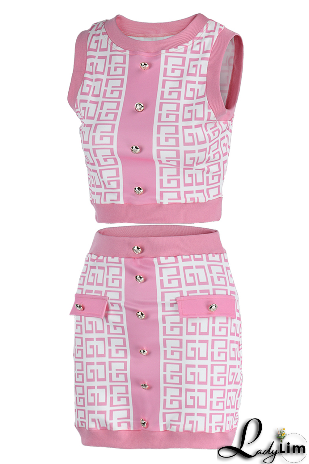 Coffee Sexy Print Buckle O Neck Sleeveless Two Pieces