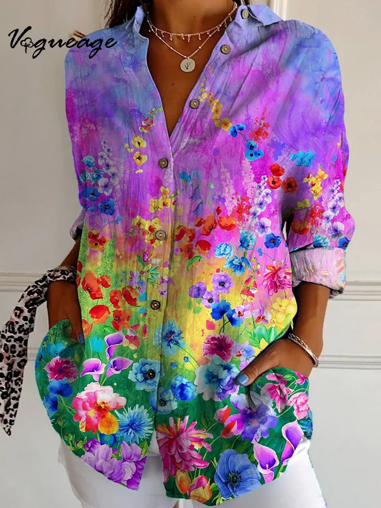 Fashionable And Gorgeous All-Match Flowers Long Sleeves Printed Cotton And Linen Shirt