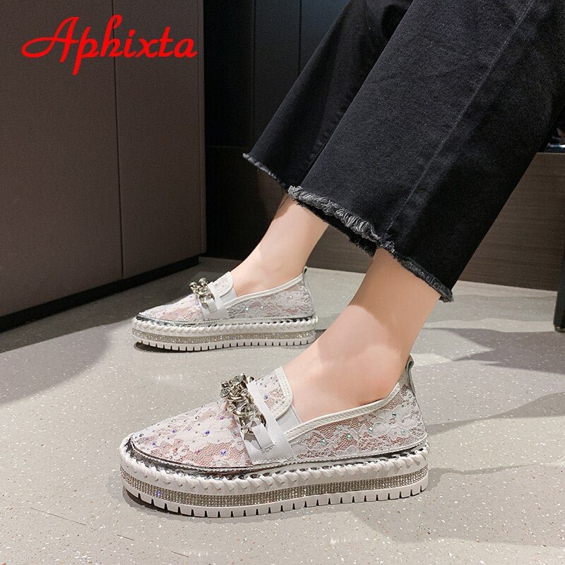 Aphixta Luxury Diamonds Round Toe Summer Mesh Breathable Flats Crystals Chain Shoes Women Couple Platform Loafers Plus Size 43