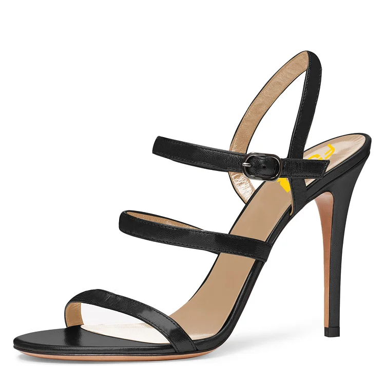 Black Triple Straps Slingback Heels Stiletto Heel Sandals |FSJ Shoes