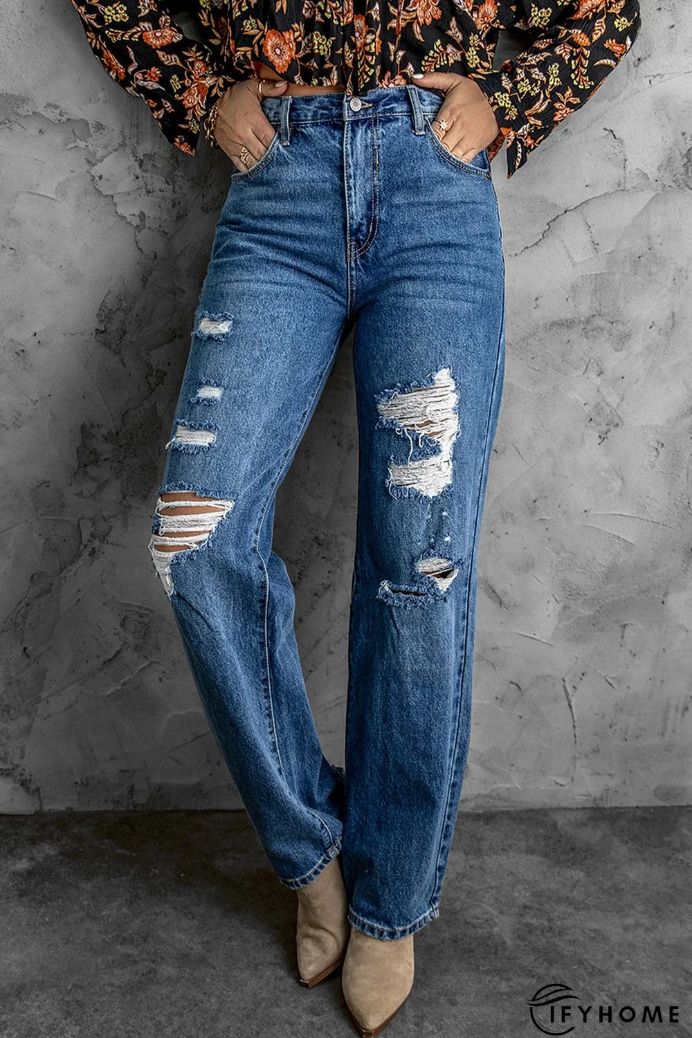 High Waist Distressed Straight Leg Jeans | IFYHOME