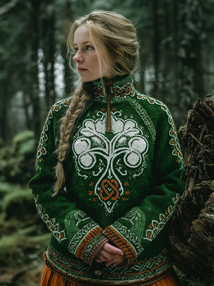 St. Patrick's Day Shamrock Pattern Women's High Neck Half Zipper Sweater wearshes