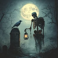 Skeleton and Crow on Halloween Night - Diamond Painting