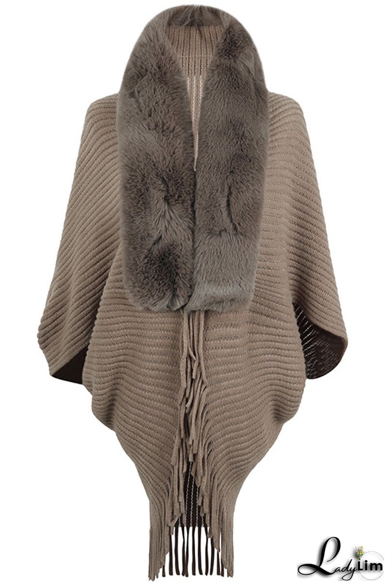 Fur Collar Fringed Knit Shawl Sweater