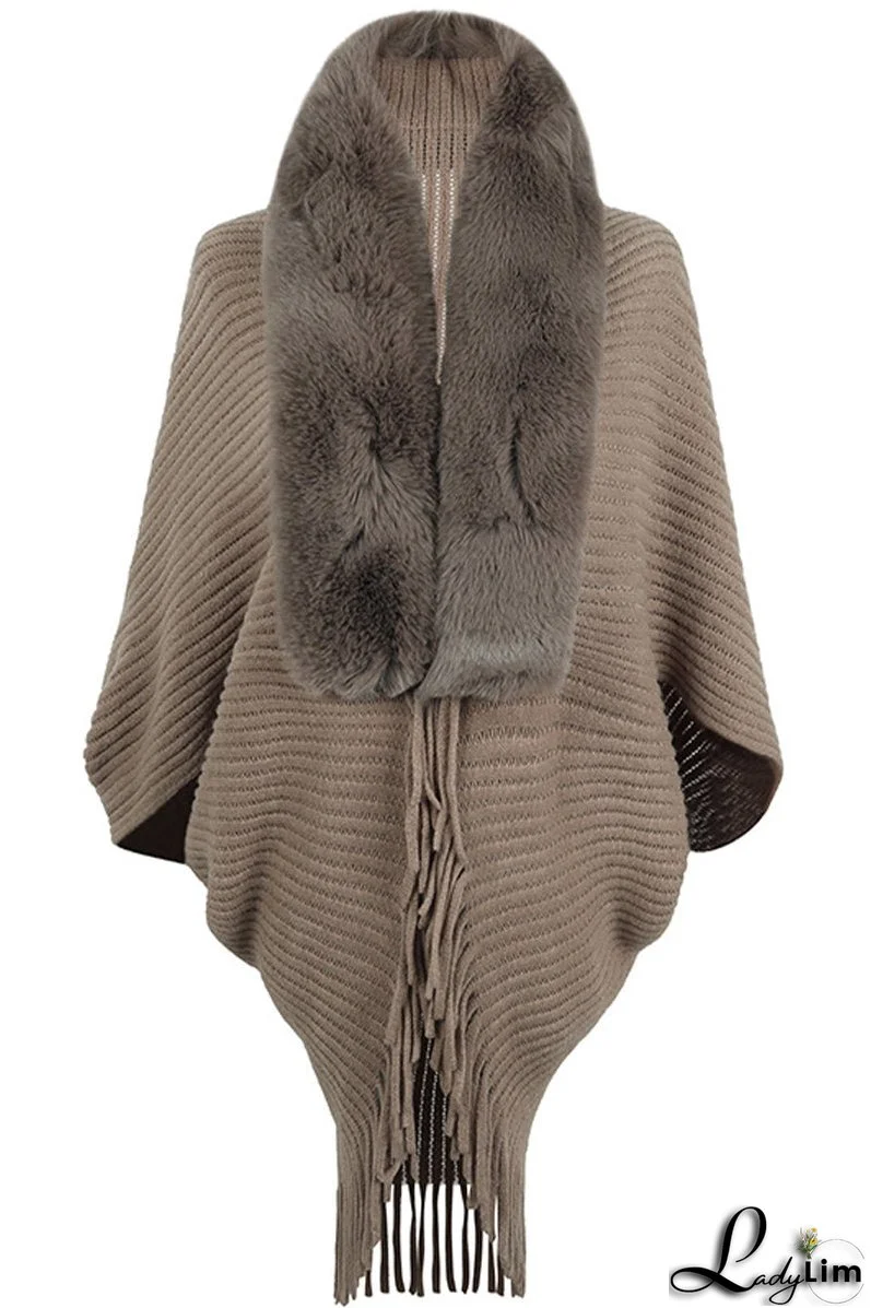 Fur Collar Fringed Knit Shawl Sweater