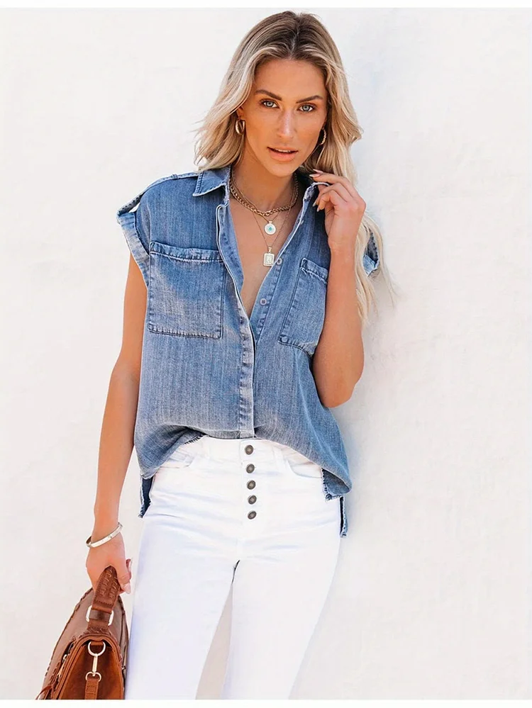 Women's Light Blue Denim Jacket - Chic Short Sleeve With Double Pockets, Button-Up Front, Flap Detail, Blend, Elegant Summer Outerwear For Casual Or Dressy Looks, Short Sleeve Denim Jacket