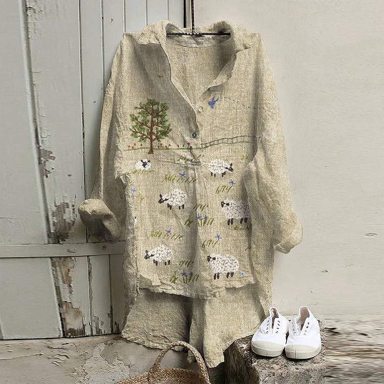 Vintage Sheep Farm Landscape Pattern Linen Blend Tunic