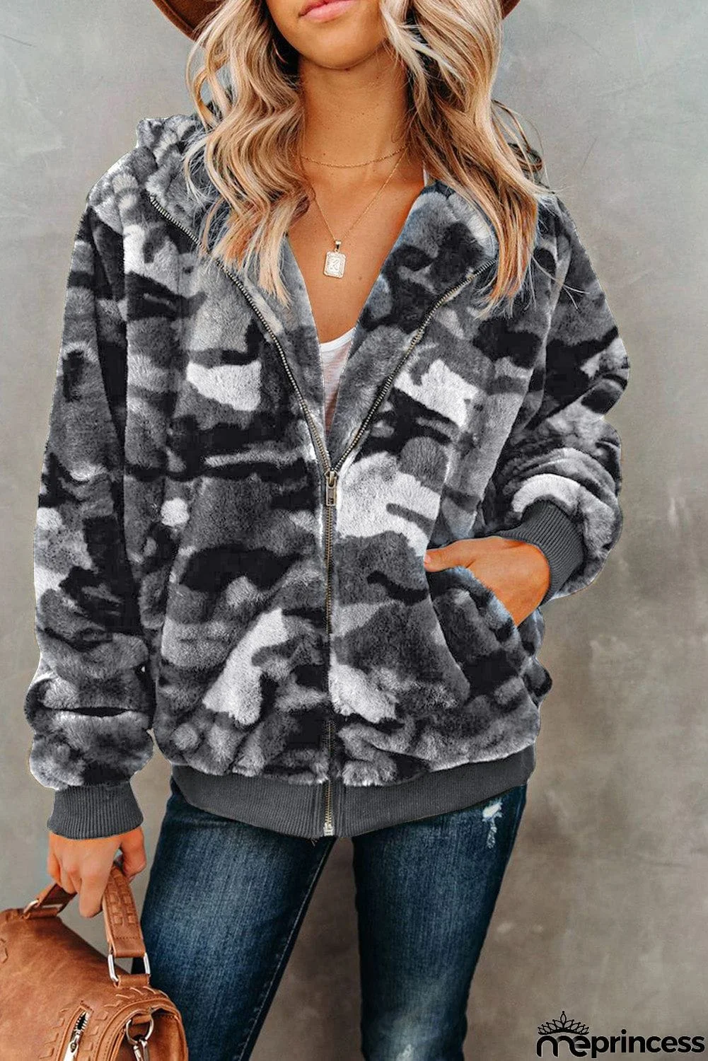 Camo Print Zipper Fleece Hooded Coat with Pockets
