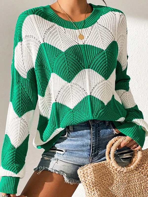 Athvotar Athvotar Yang Autumn New Fur Women's Loose Round Collar Hit The Striped Long-Sleeved Knitted Shirt Top