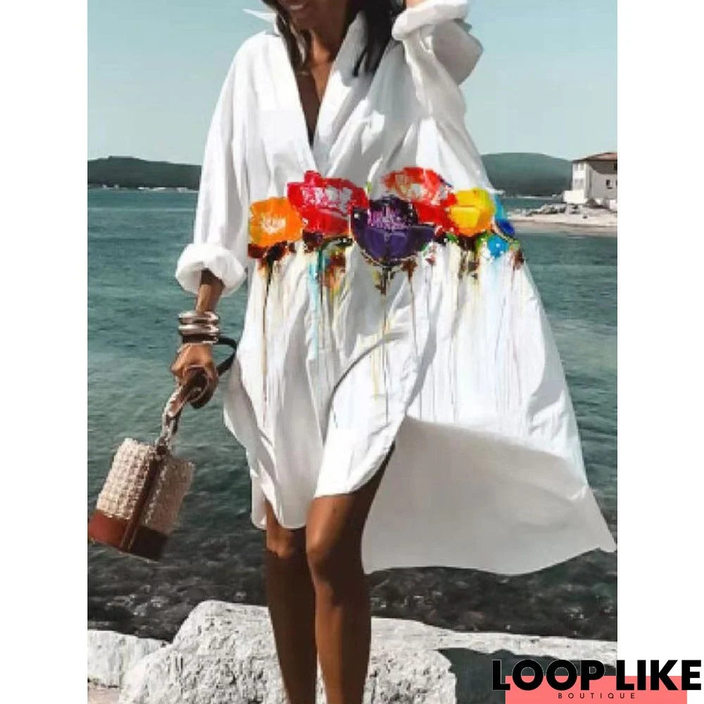 Women's Casual Loose Lapel Midi Shirt Dress