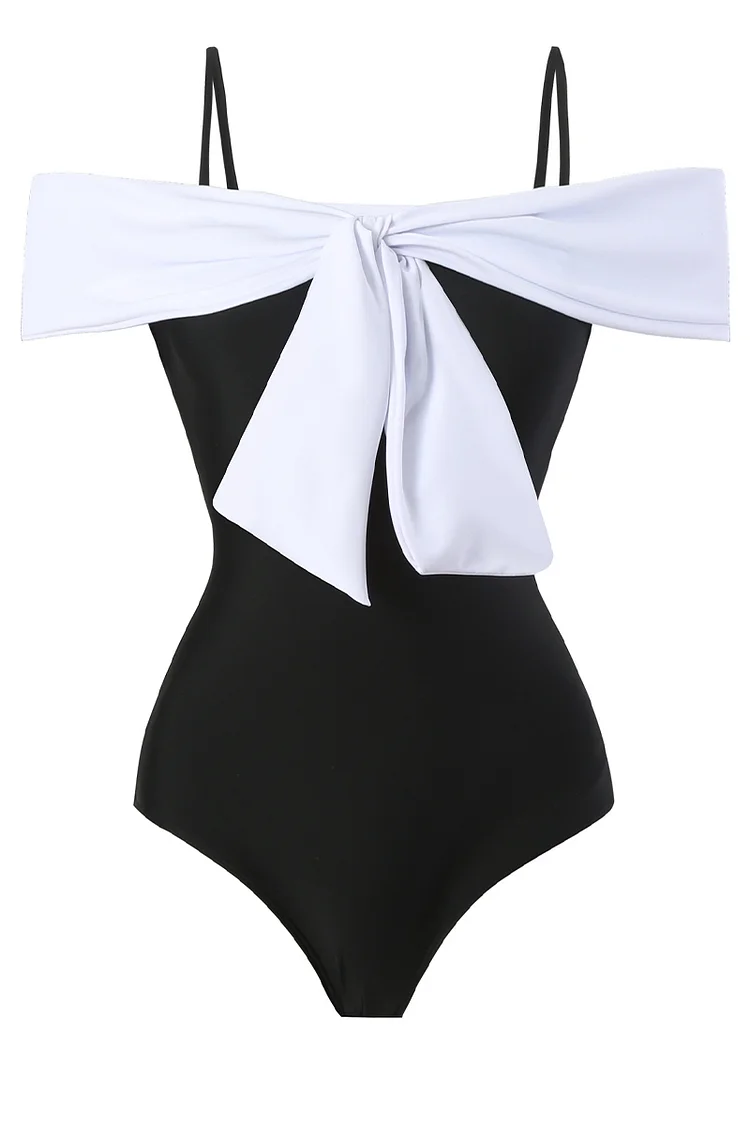 1950S Black Vacation Cold Shoulder Chest Bow Tied Swimsuit