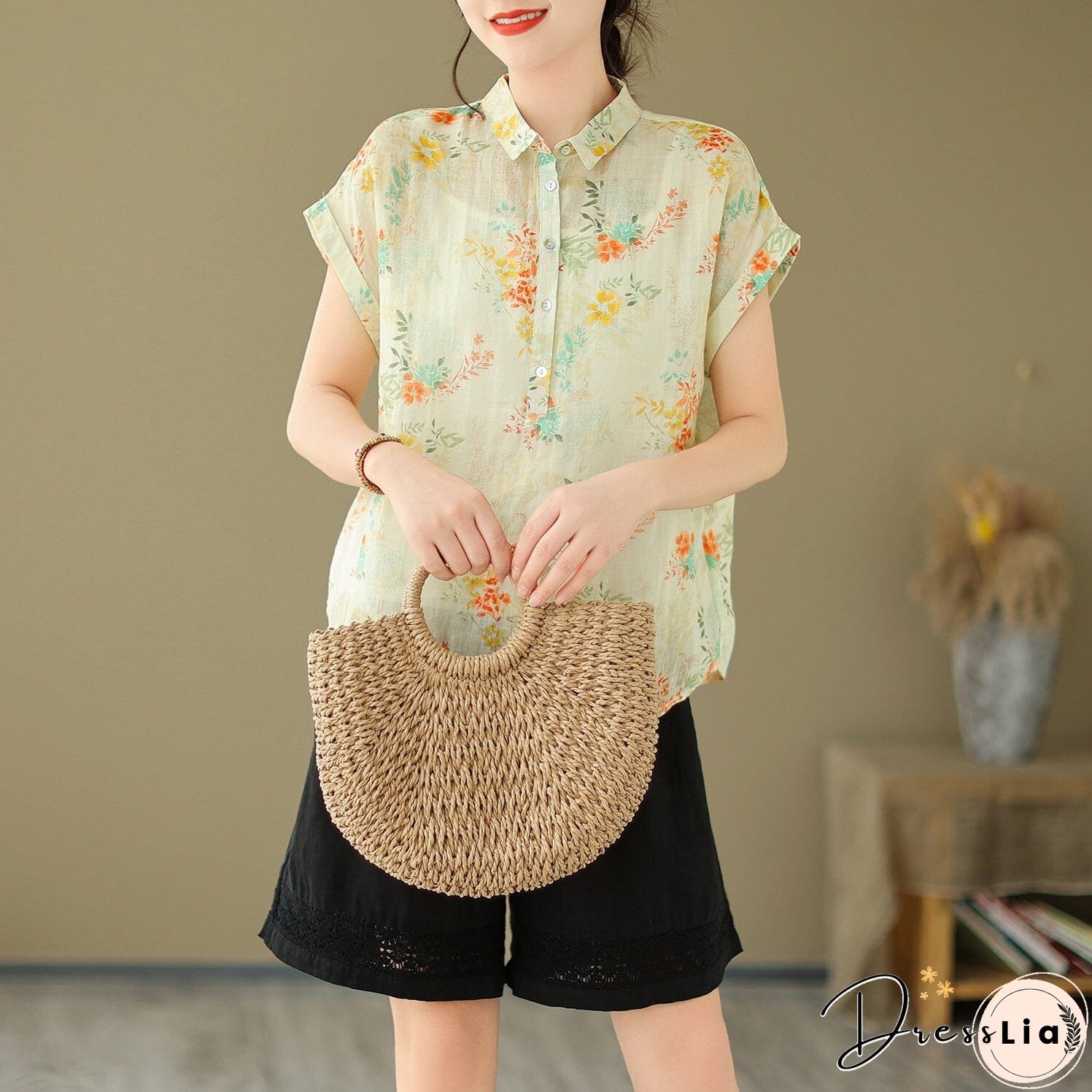 Women Summer Retro Print Linen Minimalist Tops