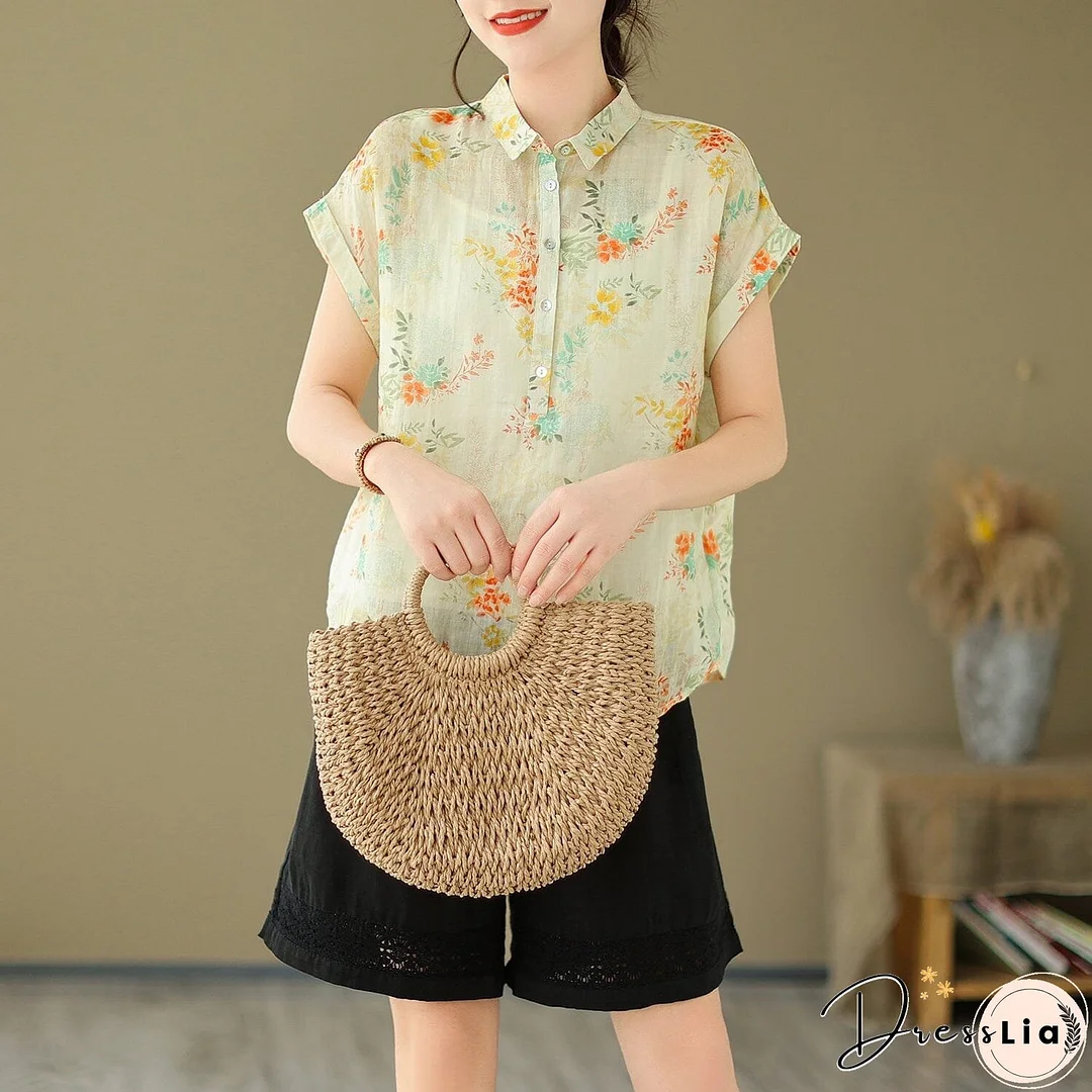Women Summer Retro Print Linen Minimalist Tops
