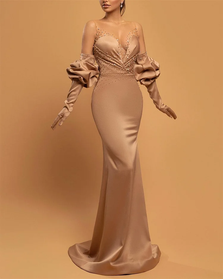 Fashion Khaki Sequined Satin Dress