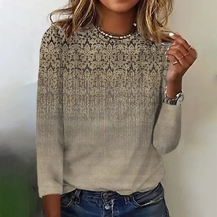 Women's Vintage Printed Round Neck Casual T-Shirt