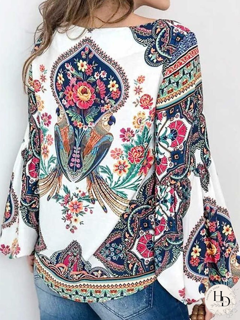 Women's Blouse Shirt Floral Flower Long Sleeve Lace up Print Round Neck Tops Basic Basic Top White Yellow Orange-0203813